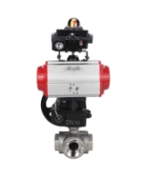 Кран шаровой DN.ru BV3232P(4pc)-SP-3WL-T-ISO-H Ду100 Ру40 стандартнопроходной трехходовой L-тип, нержавеющая сталь SS316, внутренняя резьба, уплотнение - PTFE, с пневмоприводом PA-DA-083, БКВ APL-410N EX и ручным дублером MON2-450-T28-ISO