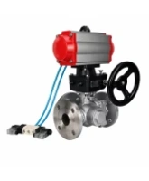 Кран шаровой DN.ru BV3232P(2pc)-FP-3WL-F-ISO-H Ду20 Ру16 HYMT, трехходовой L-тип, полнопроходной, фланцевый, корпус - нержавеющая сталь SS316, с пневмоприводом PA-DA-052, пневмораспределителем 4V320-08 AC220V и ручным дублером MON1-250-T26-ISO