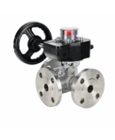Кран шаровой DN.ru BV3232P(2pc)-FP-3WL-F-ISO-H Ду80 Ру16 HYMT, трехходовой L-тип, полнопроходной, фланцевый, корпус - нержавеющая сталь SS316, с редуктором HGB RQN2-320Z с визуальным указателем положения