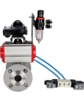 Кран шаровой DN.ru BV3131P(3pc)-FP-F-ISO-H Ду15 Ру40, трехсоставной полнопроходной фланцевый, нержавеющая сталь SS304, уплотнение - PTFE, с пневмоприводом PA-SA-065, с пневмораспределителем 4V320-08 AC220V, с БКВ APL-210N, БПВ AFC2000