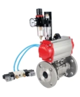 Кран шаровой DN.ru BV3131P(3pc)-FP-F-ISO-H Ду15 Ру40, трехсоставной полнопроходной фланцевый, нержавеющая сталь SS304, уплотнение - PTFE, с пневмоприводом PA-SA-065 с возвратными пружинами, с пневмораспределителем 4V320-08 AC220V, с БПВ AFC2000