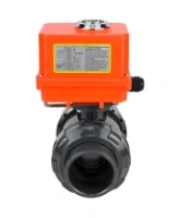 Кран шаровой DN.ru BV4242E-FP-GRM-ISO Дн50 Ру10 полнопроходной, клеевой с разборным муфтовым соединением, корпус - НПВХ, шар - НПВХ, уплотнение - EPDM, с электроприводом DN.ru QT-N-003EM-O1-220VAC-У1 MINI