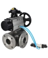 Кран шаровой DN.ru BV3232P(4pc)-FP-3WL-F Ду100 Ру16 полнопроходной трехходовой, фланцевый, корпус - нержавеющая сталь SS316, с пневмоприводом DN.ru PA-DA-105-1 двойного действия, пневмораспределителем 4V320-08 AC220V и БКВ APL-210N