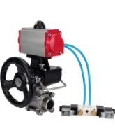 Кран шаровой DN.ru BV3232P(3pc)-FP-W-ISO-H Ду65 Ру25, полнопроходной, трехсоставной, нержавеющая сталь 316, уплотнение - PTFE, под приварку, с пневмоприводом PA-DA-083, пневмораспределителем 4V320-10 AC220V, ручным дублером MON2-450-T28-ISO