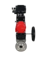 Кран шаровой DN.ru BV3131P(3pc)-FP-F-ISO-H Ду15 Ру40, трехсоставной полнопроходной фланцевый, нержавеющая сталь SS304, PTFE, с пневмоприводом PA-DA-052, ручным дублером MON1-250-T26-ISO и с электропневматическим позиционером YT-1000RSN без обратной связи