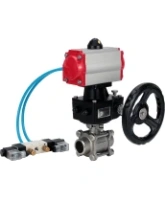Кран шаровой DN.ru BV3232P(3pc)-FP-W-ISO-H Ду65 Ру25, полнопроходной, трехсоставной, нержавеющая сталь 316, уплотнение - PTFE, под приварку, с пневмоприводом PA-DA-083, пневмораспределителем 4V320-10 AC220V, ручным дублером MON2-450-T28-ISO