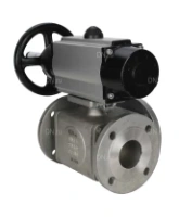 Кран шаровой DN.ru BV3232P(4pc)-FP-3WL-F Ду100 Ру16 полнопроходной трехходовой, фланцевый, корпус - нержавеющая сталь SS316, с пневмоприводом DN.ru PA-DA-105-1 двойного действия и пневмораспределителем 4M310-08 AC220V