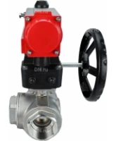 Кран шаровой DN.ru BV3232P(4pc)-SP-3WL-T-ISO-H Ду100 Ру40 стандартнопроходной трехходовой L-тип, нерж. сталь SS316, внутренняя резьба, уплотнение - PTFE, с пневмоприводом PA-DA-083 и ручным дублером MON2-450-T28-ISO