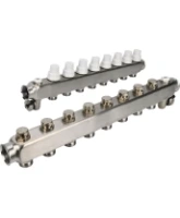 Коллекторная группа DN.ru GC4-31-8 1″ Ду25 Ру10 отводов — 8, в сборе с терморегулирующими клапанами и запорно-балансировочными клапанами, дренажным краном и воздухоотводчиком, с заглушками, без переходников, корпус - нержавеющая сталь AISI 304