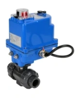 Кран шаровой DN.ru BV4242E-FP-GRM-ISO Дн50 Ру10 полнопроходной, клеевой с разборным муфтовым соединением, корпус - НПВХ, шар - НПВХ, уплотнение - EPDM, с электроприводом DN.ru QT-N-003EM-O1-12VDC-У1 blue